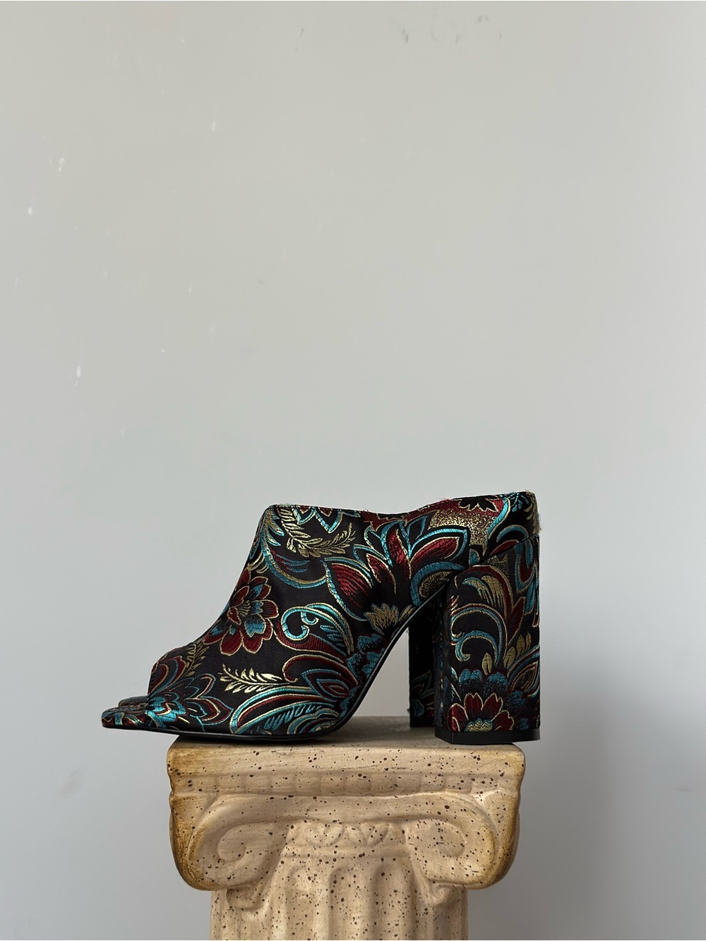 Brocade Mule Heels  Floral Tapestry Block Heel Shoes